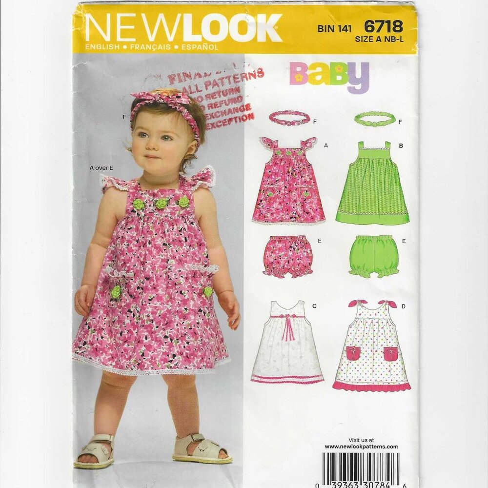 New Look Pattern 6718 Baby Dress, Bloomers & Headband Size A (NB-L) Uncut